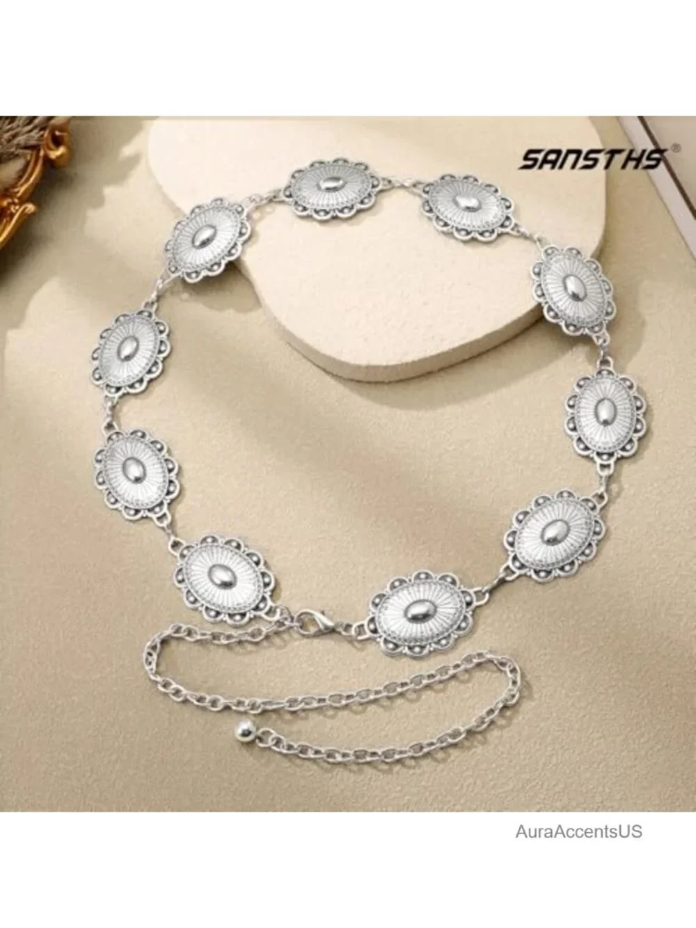 Women Western Concho Belt Cowgirl Boho Chain Belt Metal Concert Belt for Dresses